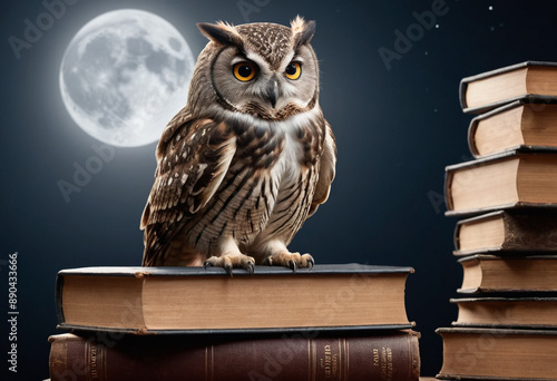 Wallpaper Mural  A wise old owl perched on a stack of books, reading by moonlight.  Torontodigital.ca