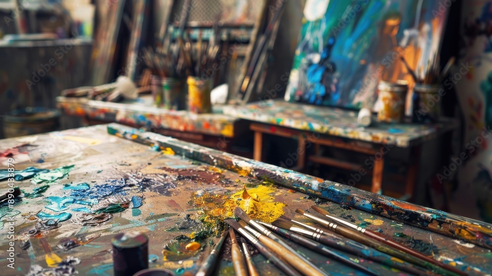 Obraz premium Detailed art studio closeup, creative mess, realistic studio lighting, high detail and vibrant