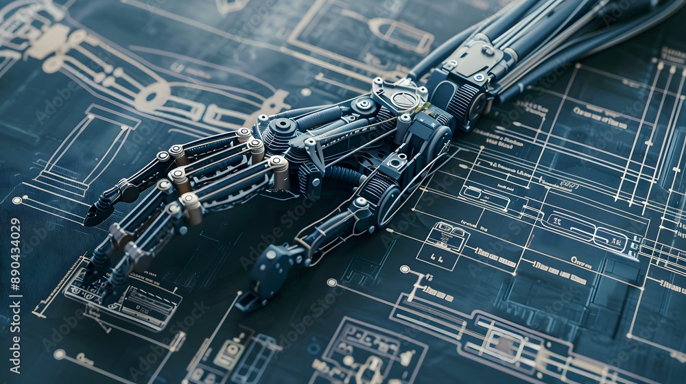 A robotic hand is shown on a piece of paper with a drawing of a human arm. The hand is made of plastic and is very detailed. Concept of technology and innovation