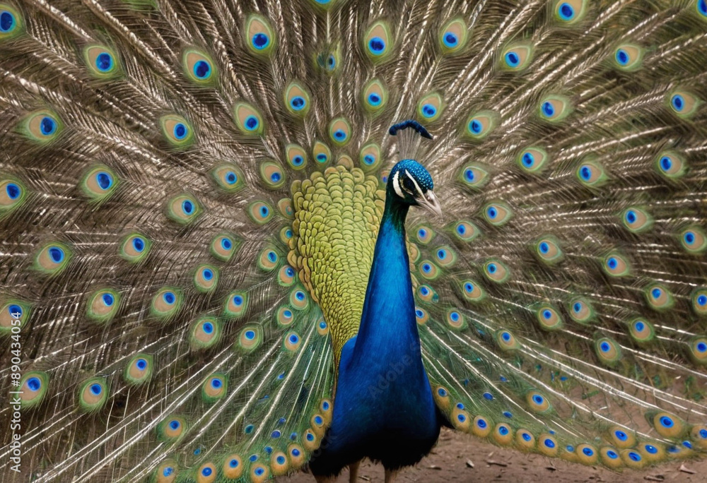 Obraz premium A proud peacock strutting its stuff with its tail feathers fanned out.