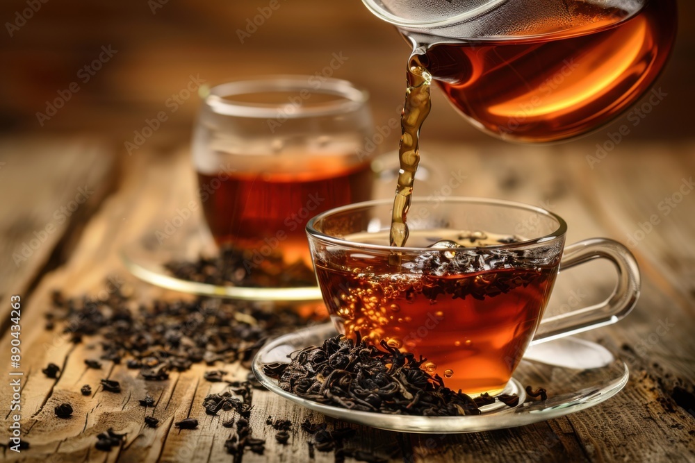 Black Tea: Pouring Aromatic Beverage into Glass Cup on Wooden Table Black Tea: Pouring Aromatic Beverage into Glass Cup on Wooden Table