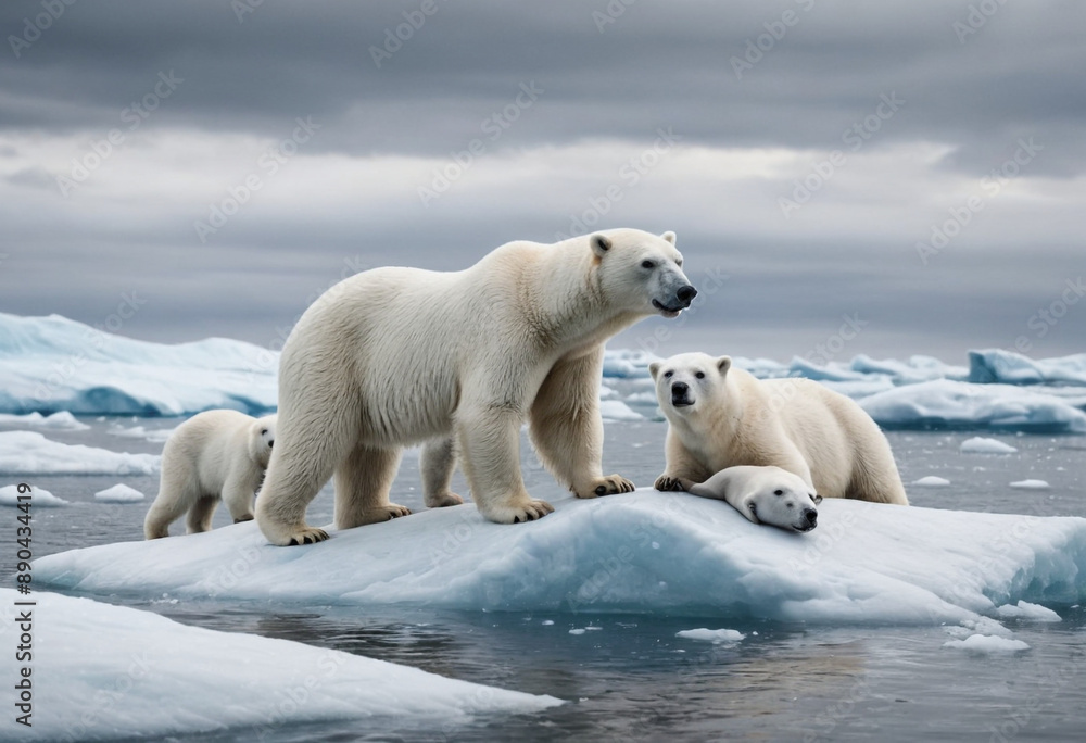 A photorealistic image of a polar bear hunting seals on an icy Arctic landscape. A photorealistic image of a polar bear hunting seals on an icy Arctic landscape.