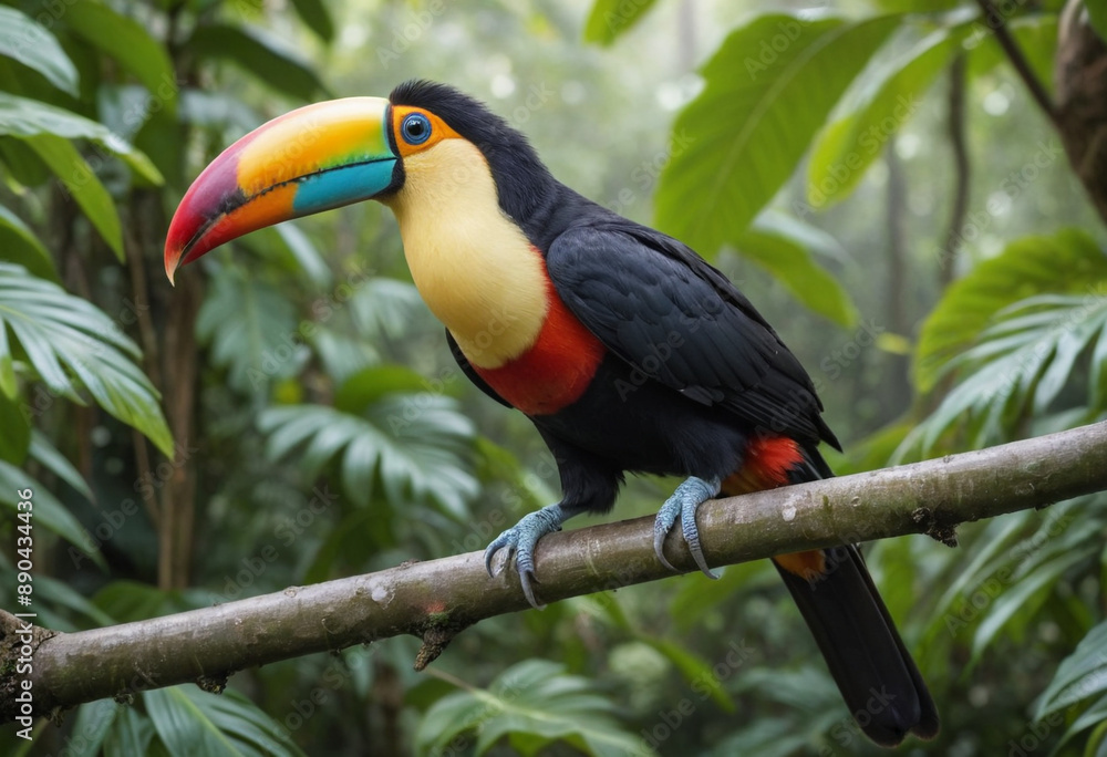 A colorful toucan perched on a branch in a lush rainforest canopy. A colorful toucan perched on a branch in a lush rainforest canopy.