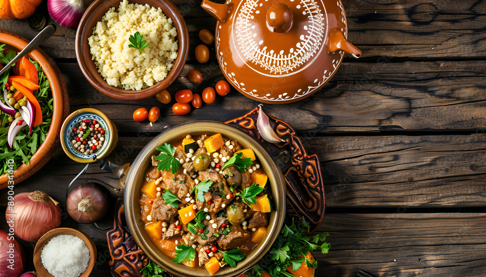 Traditional tajine dishes, couscous and fresh salad on rustic wooden table. Tagine lamb meat and pumpkin. Top view. Flat lay Traditional tajine dishes, couscous and fresh salad on rustic wooden table. Tagine lamb meat and pumpkin. Top view. Flat lay