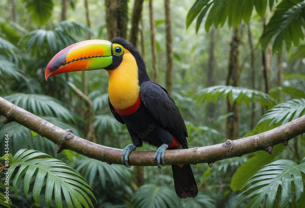  A colorful toucan perched on a branch in a lush rainforest canopy. 