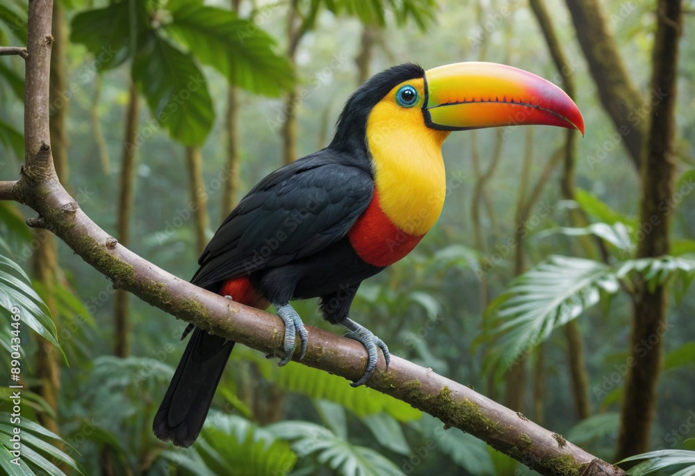 Naklejka premium A colorful toucan perched on a branch in a lush rainforest canopy.