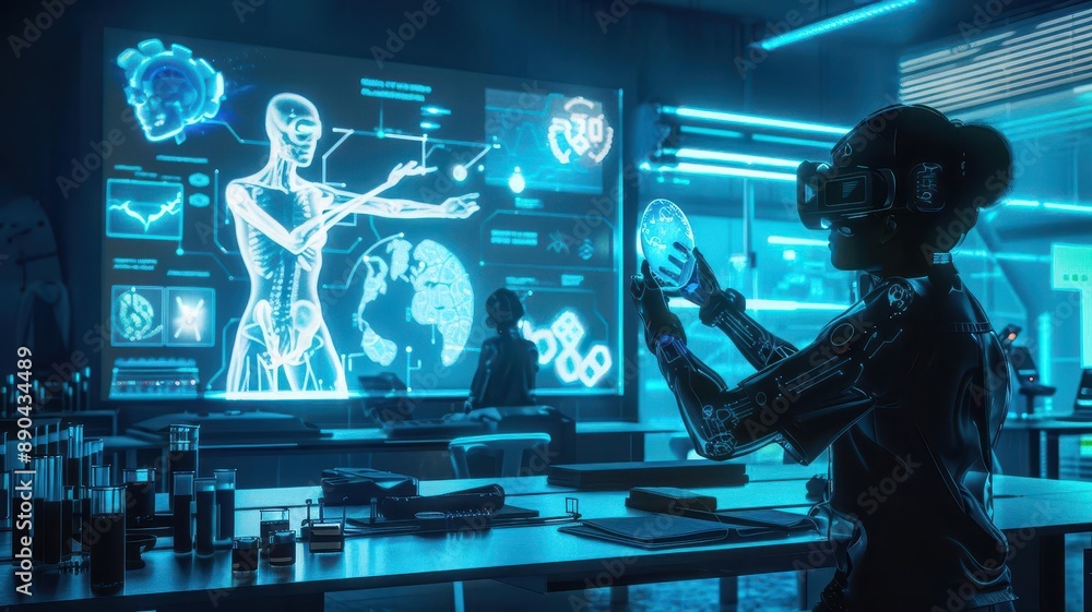 Teacher conducting a class with holographic models, futuristic lab, neon blue, high tech, intricate details Teacher conducting a class with holographic models, futuristic lab, neon blue, high tech, intricate details