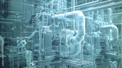 A blue and white image of a machine with a lot of lines and wires. The image is of a machine that is not in use