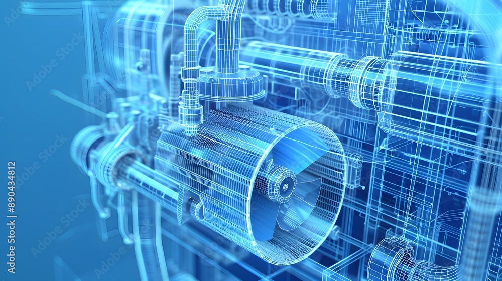 A blue and white image of a machine with a blue and white engine A blue and white image of a machine with a blue and white engine