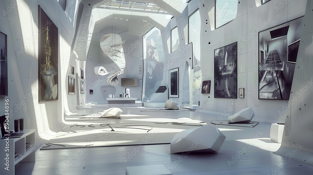 Modern space with visual art installations, unique designs, realistic studio lighting, sharp and detailed Modern space with visual art installations, unique designs, realistic studio lighting, sharp and detailed