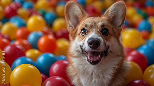 Cute corgi dog playing in a colorful ball pit with a happy expression, in a joyful atmosphere and vibrant background.  © AH