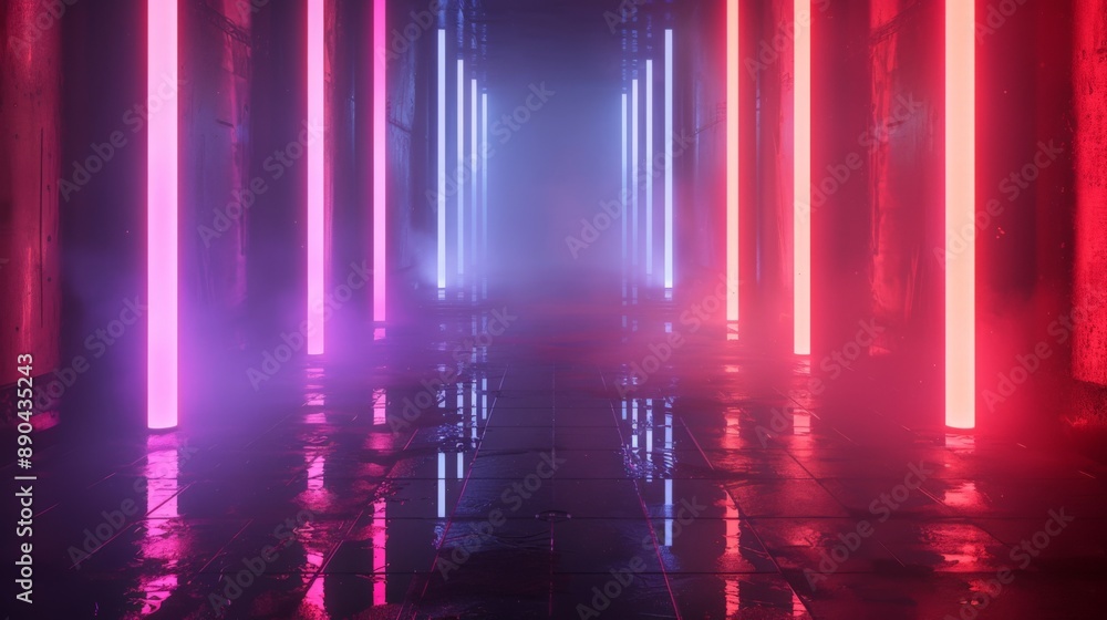 An electrifying corridor with neon light beams in pink and blue hues reflecting off a dark, glossy surface, creating a vibrant and futuristic atmosphere. An electrifying corridor with neon light beams in pink and blue hues reflecting off a dark, glossy surface, creating a vibrant and futuristic atmosphere.