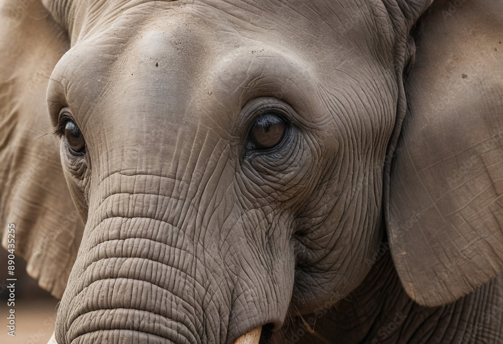 Fototapeta premium A close-up of an elephants wrinkled skin and long eyelashes. 