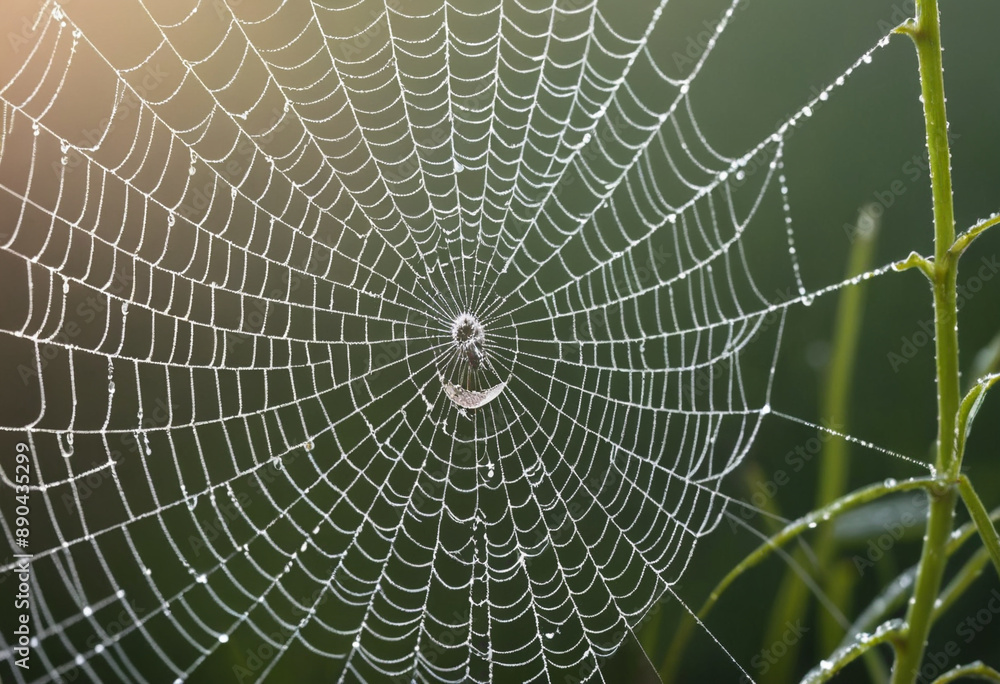 A photorealistic image of a spider web with dewdrops glistening on its intricate threads. A photorealistic image of a spider web with dewdrops glistening on its intricate threads.