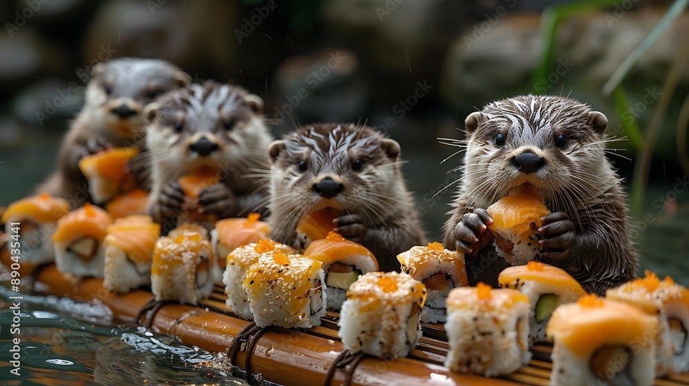 Group of otters sitting on bamboo rafts eating sushi in the rainforest ...