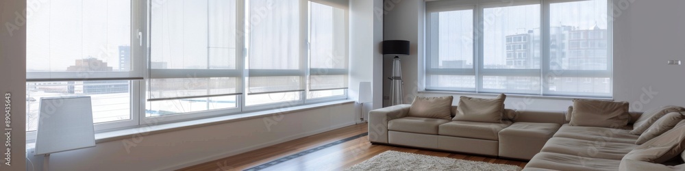 Fototapeta premium Luxurious Modern Interior with Smart Shading Solutions: Automated Solar Blinds, Motorized Blackout Curtains, and Wooden Wall Panels. High-Tech Home Design featuring Electric Roller Shades, Relaxation 