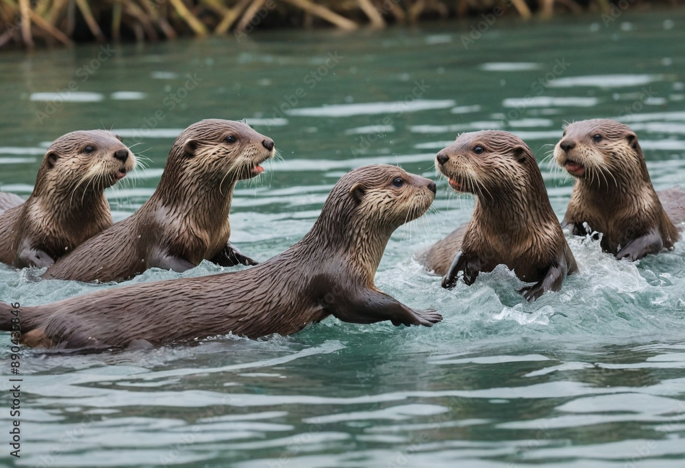 A playful group of otters chasing each other in the water. A playful group of otters chasing each other in the water.