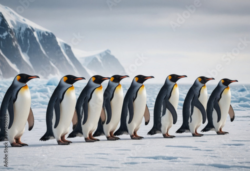  A group of penguins waddling across an icy landscape. 