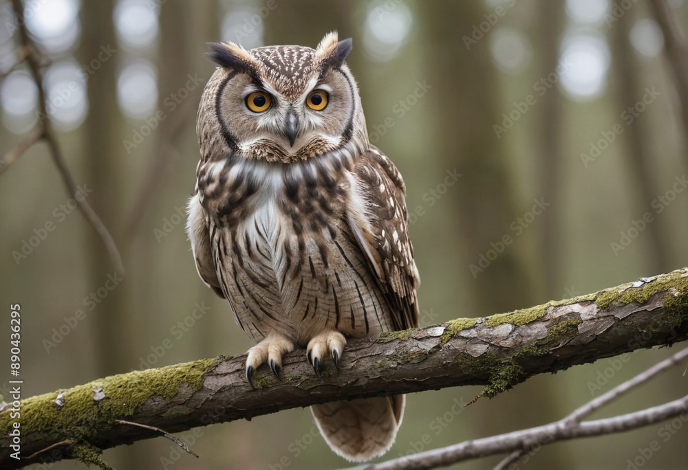 Obraz premium A close-up of an owl perched on a branch, with its head swiveling to listen for sounds.