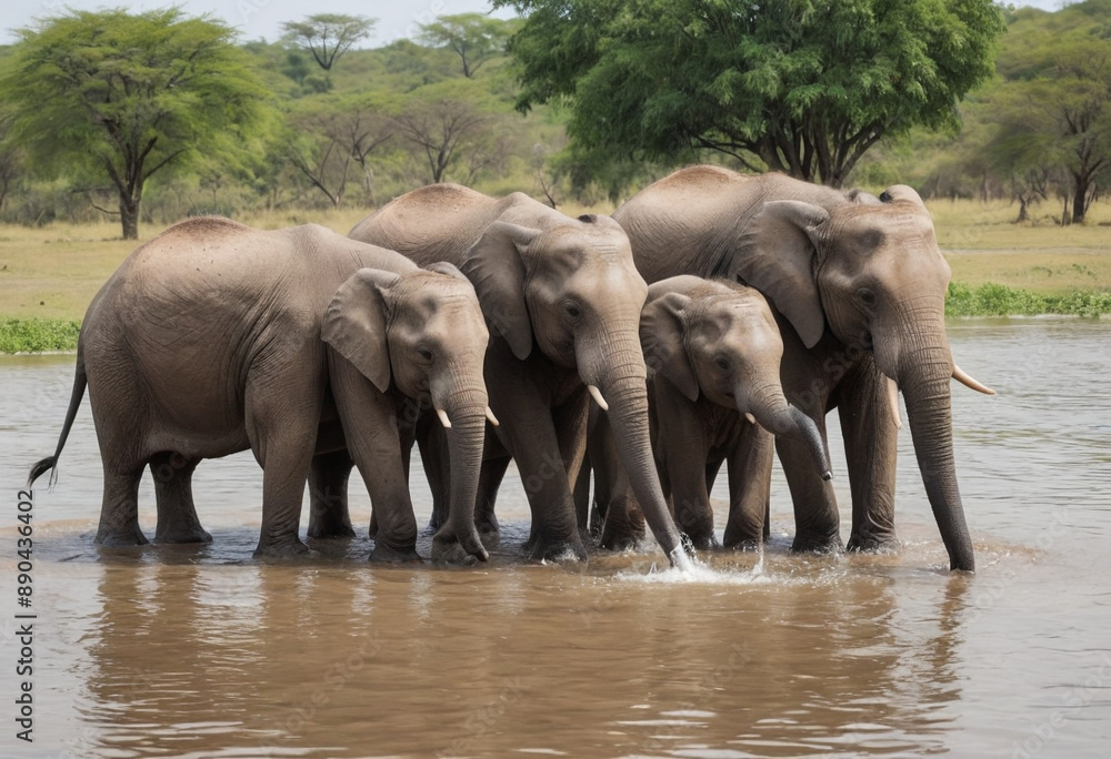 Fototapeta premium A photo of a family of elephants bathing themselves in a watering hole. 
