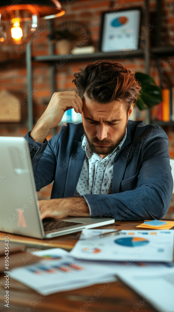 Frustrated businessman sitting at desk with laptop and business documents, Stressed entrepreneur upset because of low financial results, falling company shares value, bad statistics in annual report Frustrated businessman sitting at desk with laptop and business documents, Stressed entrepreneur upset because of low financial results, falling company shares value, bad statistics in annual report
