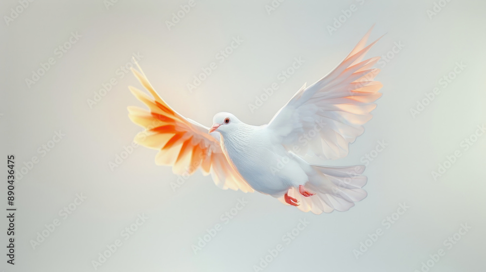 Ethereal white dove with glowing orange-tipped wings gracefully flying against a soft gradient background, symbolizing peace and freedom. Ethereal white dove with glowing orange-tipped wings gracefully flying against a soft gradient background, symbolizing peace and freedom.