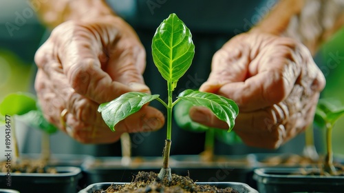 Elderly hands nurturing a young green plant seedling, symbolizing growth, care, and nature in an environment of soil and pots. photo