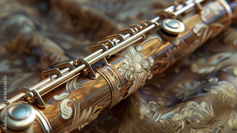 Naklejka premium Flute with elegant engravings, warm tones, realistic studio lighting, highresolution background