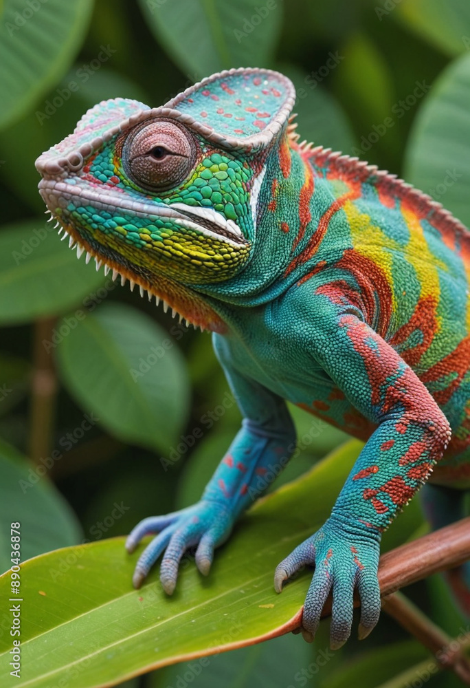 Obraz premium A close-up of a chameleon changing colors on a vibrant tropical leaf. 