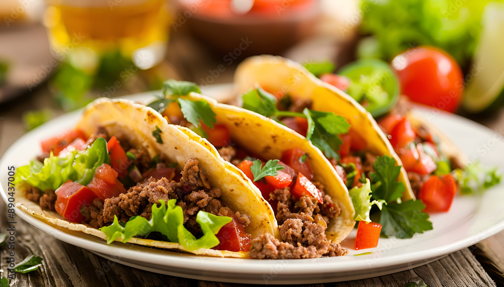 Mexican tacos with beef in tomato sauce and salsa on wooden table Mexican tacos with beef in tomato sauce and salsa on wooden table