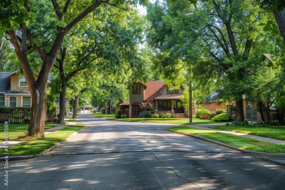 Street Neighborhood Beauty: Residential Homes with Trees in Kansas Street Neighborhood Beauty: Residential Homes with Trees in Kansas