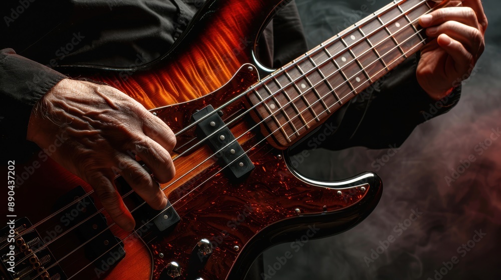 Hands of musician strumming a bass guitar, intense focus, realistic studio lighting, highresolution background Hands of musician strumming a bass guitar, intense focus, realistic studio lighting, highresolution background