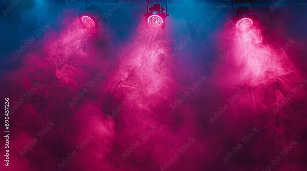 Fototapeta premium Vibrant smoke explosions on isolated background, stage lit with spotlights for entertainment show