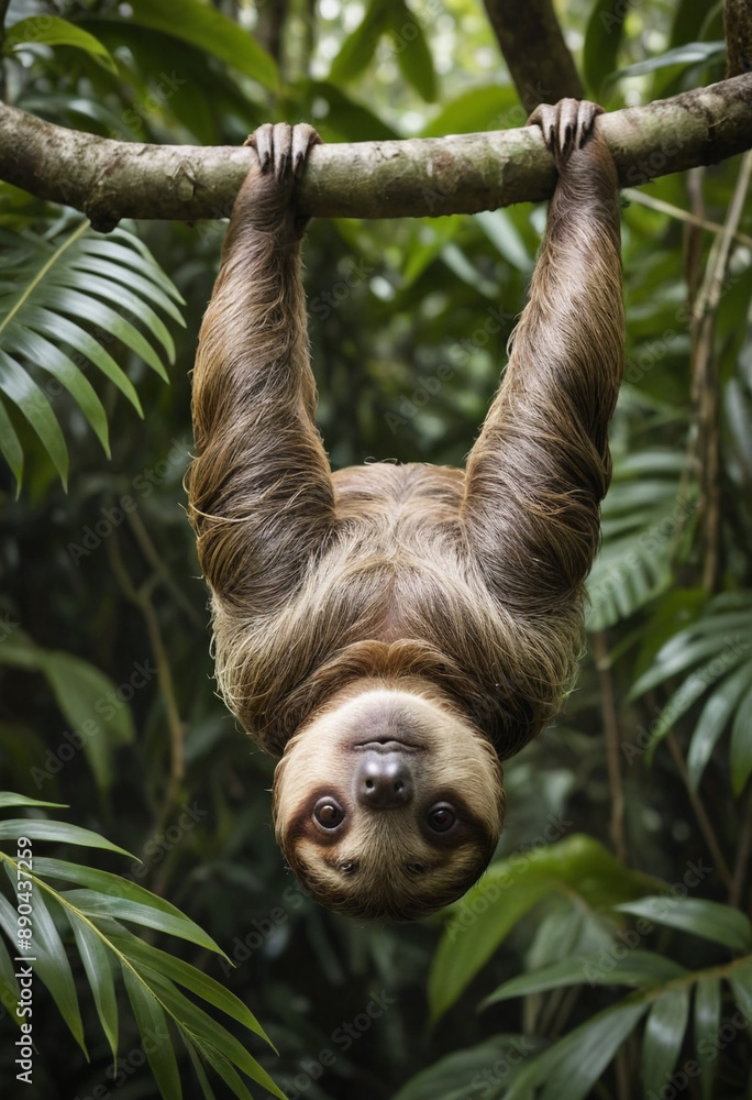 Fototapeta premium A sloth hanging upside down from a rainforest tree, camouflaged amongst the leaves.
