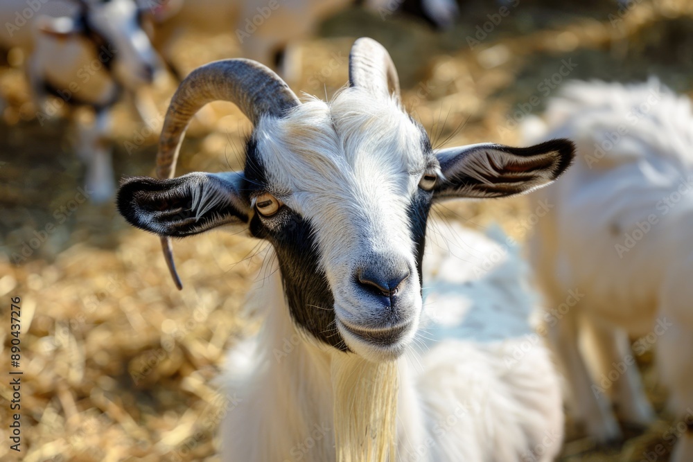 Goat Farm: Portrait of Domestic Goat with Horns in Natural Farm Setting Goat Farm: Portrait of Domestic Goat with Horns in Natural Farm Setting