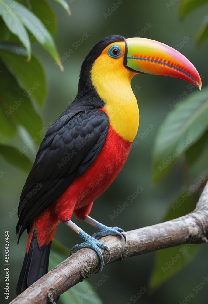 A brightly colored toucan perched on a branch, its large beak prominent. A brightly colored toucan perched on a branch, its large beak prominent.