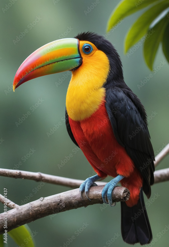 A brightly colored toucan perched on a branch, its large beak prominent. A brightly colored toucan perched on a branch, its large beak prominent.