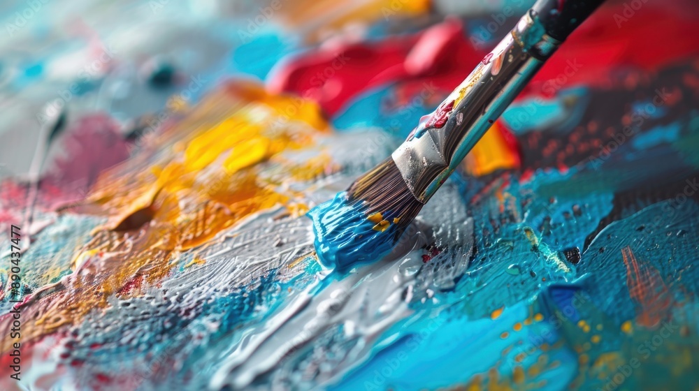 Obraz premium Art canvas with bold color splashes, closeup brush strokes, realistic studio lighting, high detail