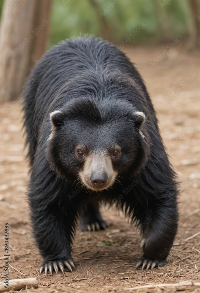 Fototapeta premium A slow-moving sloth bear with shaggy black fur, foraging for termites. 