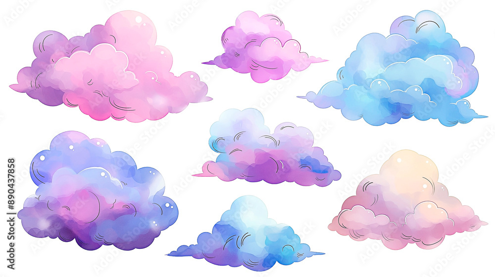Fototapeta premium Pastel cloud collection in watercolor style isolated on transparent background. Clouds in pink, yellow, blue and purple for decoration. Whimsical pastel cloud set.