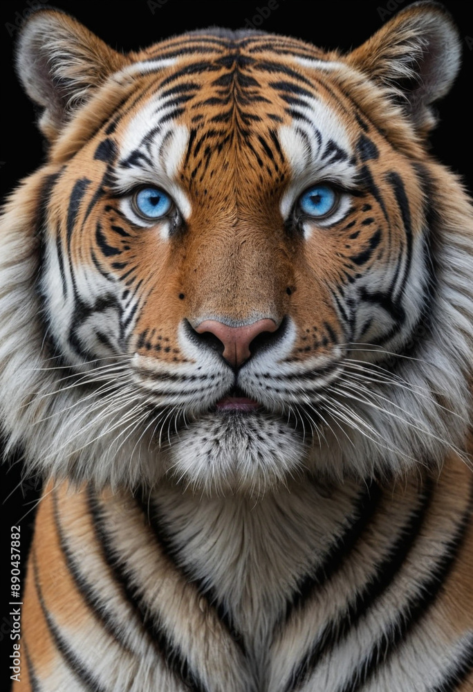 A photorealistic portrait of a majestic Siberian tiger with piercing blue eyes. A photorealistic portrait of a majestic Siberian tiger with piercing blue eyes.