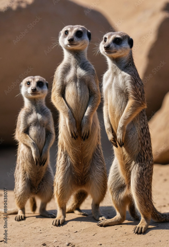 A family of meerkats standing upright on their hind legs, keeping watch for predators. A family of meerkats standing upright on their hind legs, keeping watch for predators.