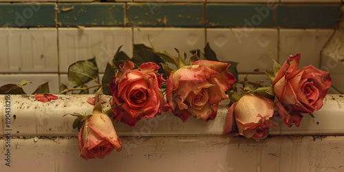 Asphyxiated Roses of Hope: Withered bouquets of roses, their petals brown and crushed, lie forlornly in a vase on the edge of a bathtub