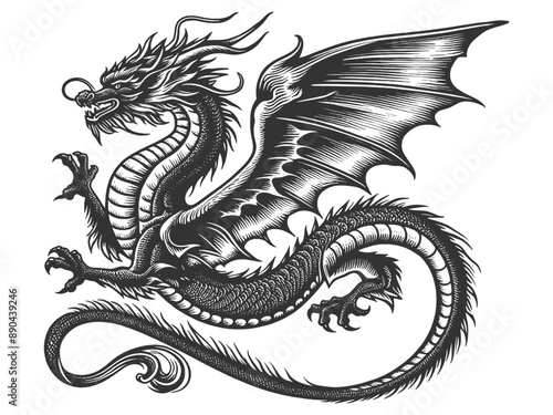 fierce dragon tattoo with detailed scales and wings, intricate line art sketch engraving generative ai fictional character vector illustration. Scratch board imitation. Black and white image.