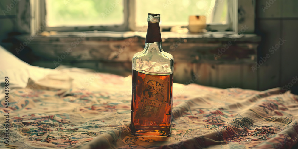 The Empty Bottle of Hope: A whiskey bottle, sitting on a faded bedspread. The Empty Bottle of Hope: A whiskey bottle, sitting on a faded bedspread.