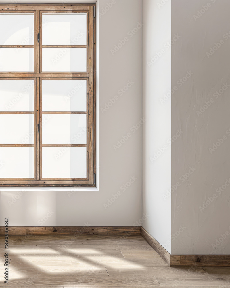 Fototapeta premium Large window in an empty property room with no furniture and day lighting. Residential Real Estate interiors with copy space for text.