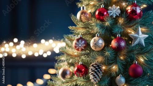 A close up of a christmas tree with ornaments on it, AI