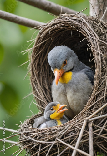  A mother bird feeding her chicks in their nest. 