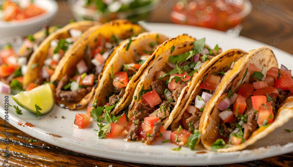 Mexican tacos with beef in tomato sauce and salsa on wooden table Mexican tacos with beef in tomato sauce and salsa on wooden table