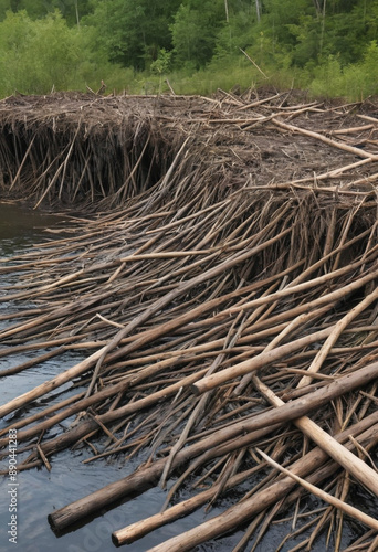  A close-up of a beaver dam built on a river. 